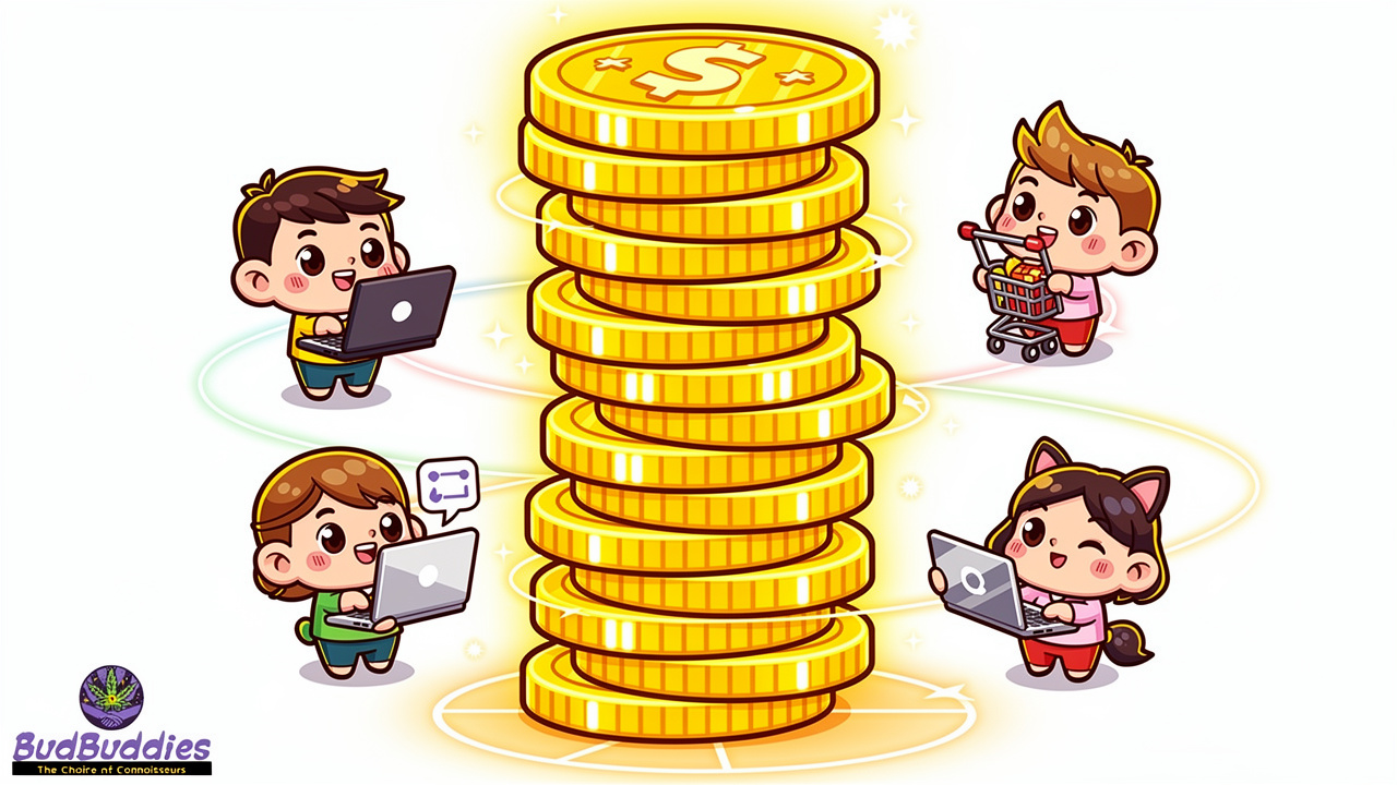 Cartoon characters earning and stacking loyalty points through daily engagement