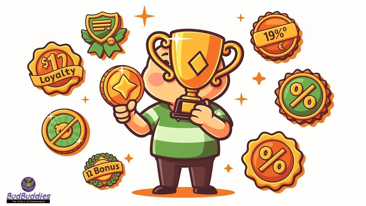 Animated character celebrating cannabis retailer loyalty rewards programme