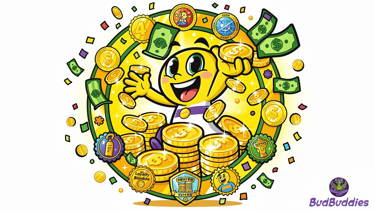 Cartoon character celebrating loyalty points and cashback rewards