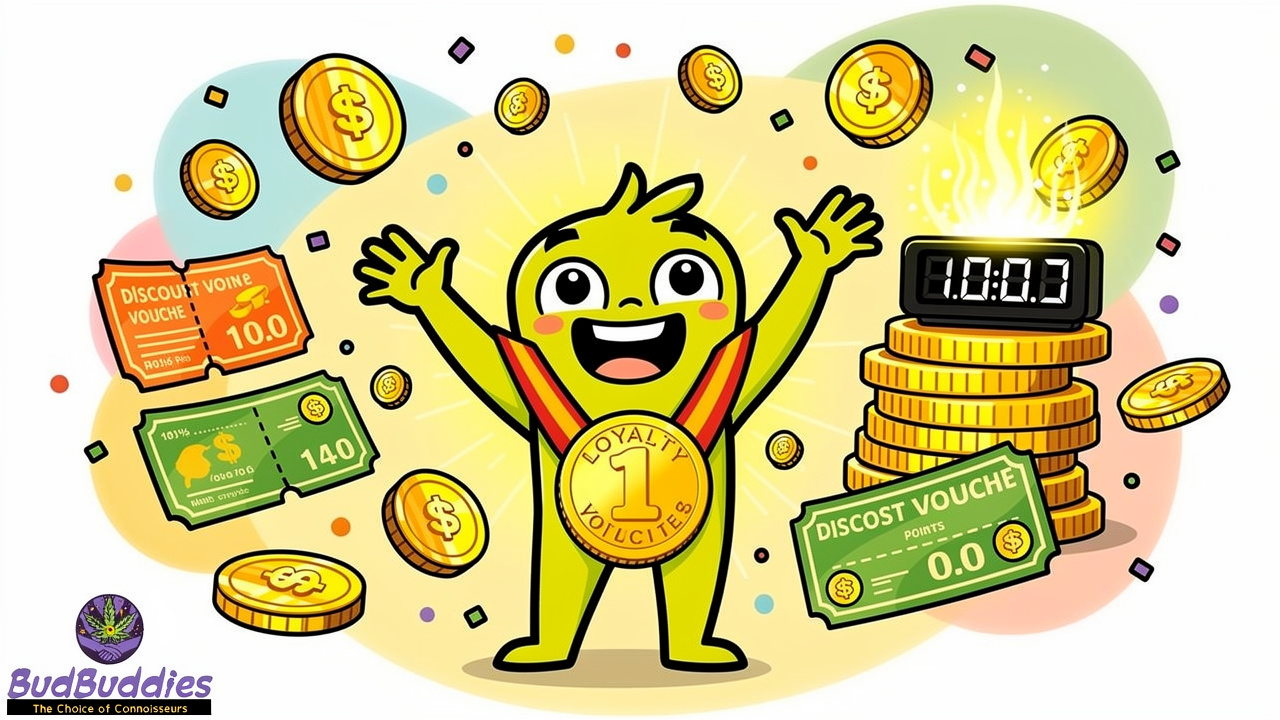 Cartoon character celebrating with floating loyalty points and discount tokens