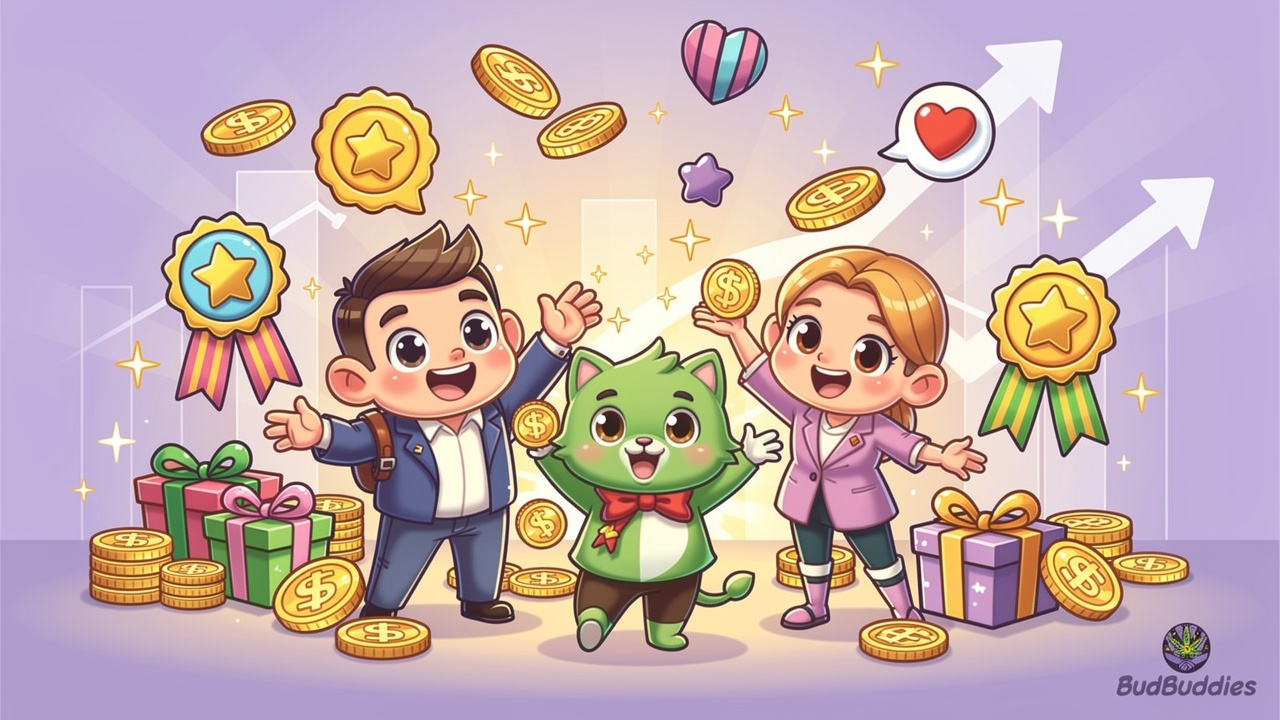 Cartoon illustration of loyalty programme rewards and customer appreciation