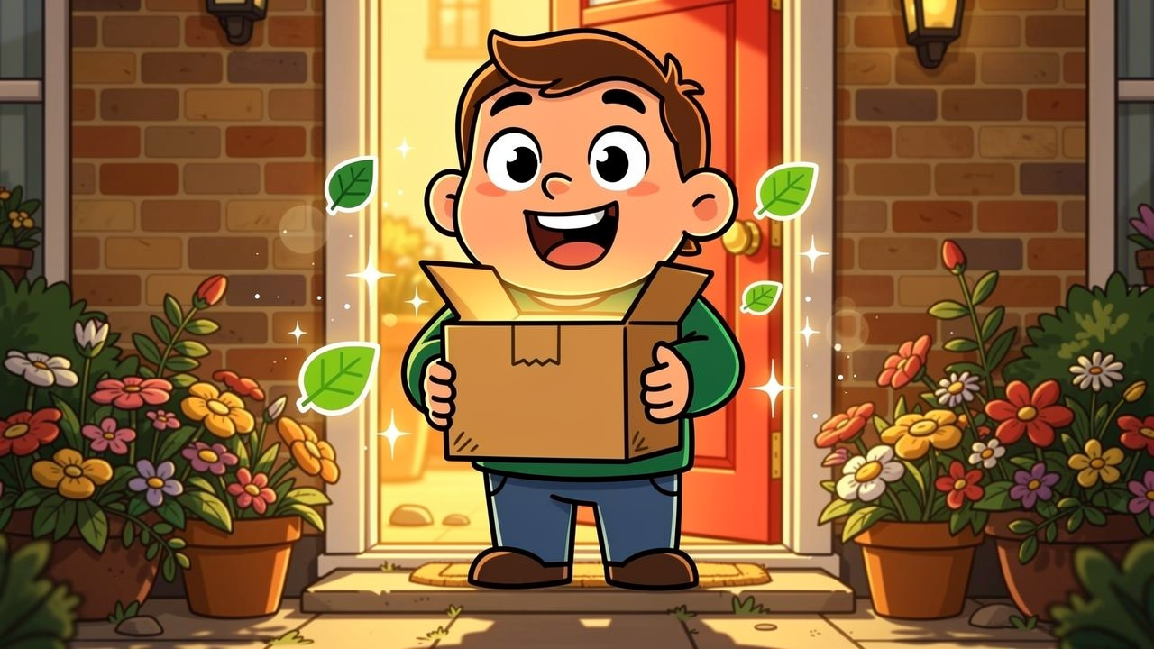 Happy cartoon customer receiving discreet cannabis delivery doorstep