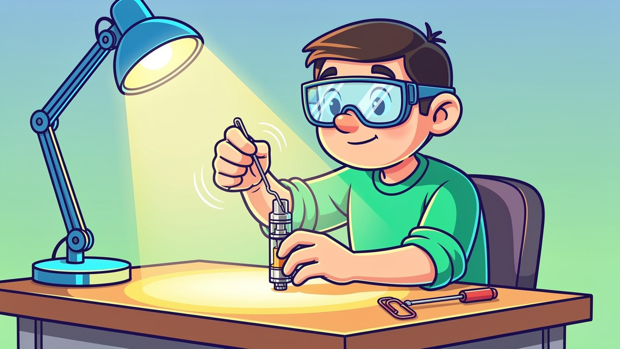 Cartoon character carefully unclogging a vape cartridge step by step