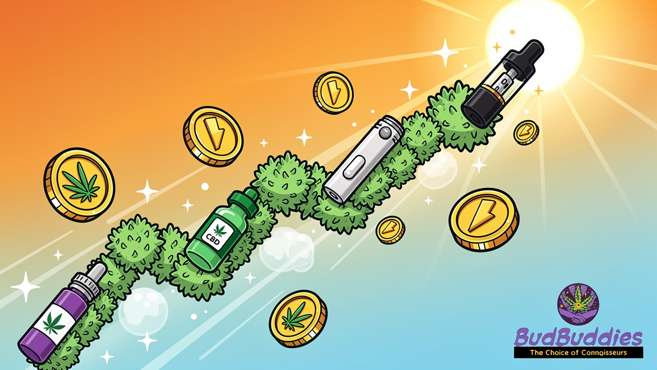 Illustrated cannabis products climbing upward representing market growth and maturity