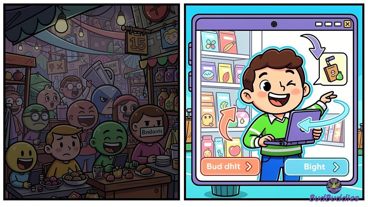 Cartoon comparison showing marketplace complexity versus dedicated retailer simplicity