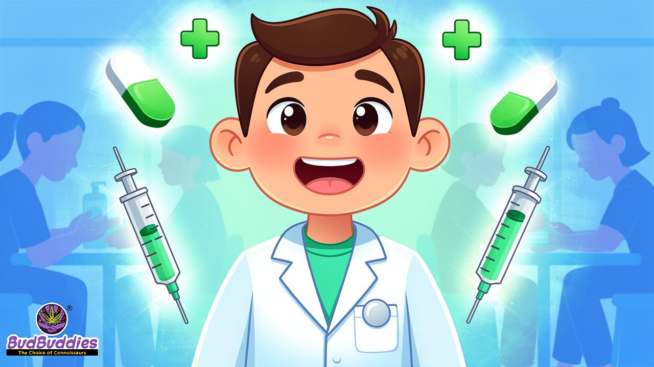 Cartoon doctor with medical symbols representing cannabis health benefits