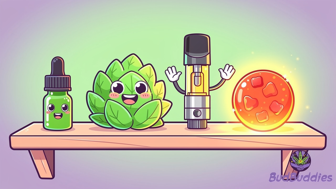 Cartoon illustration of different medical cannabis product formats available