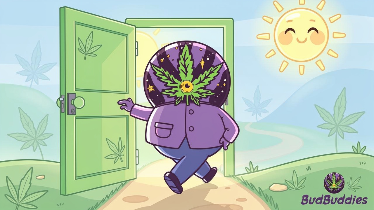 Cartoon character stepping forward on affordable cannabis treatment journey