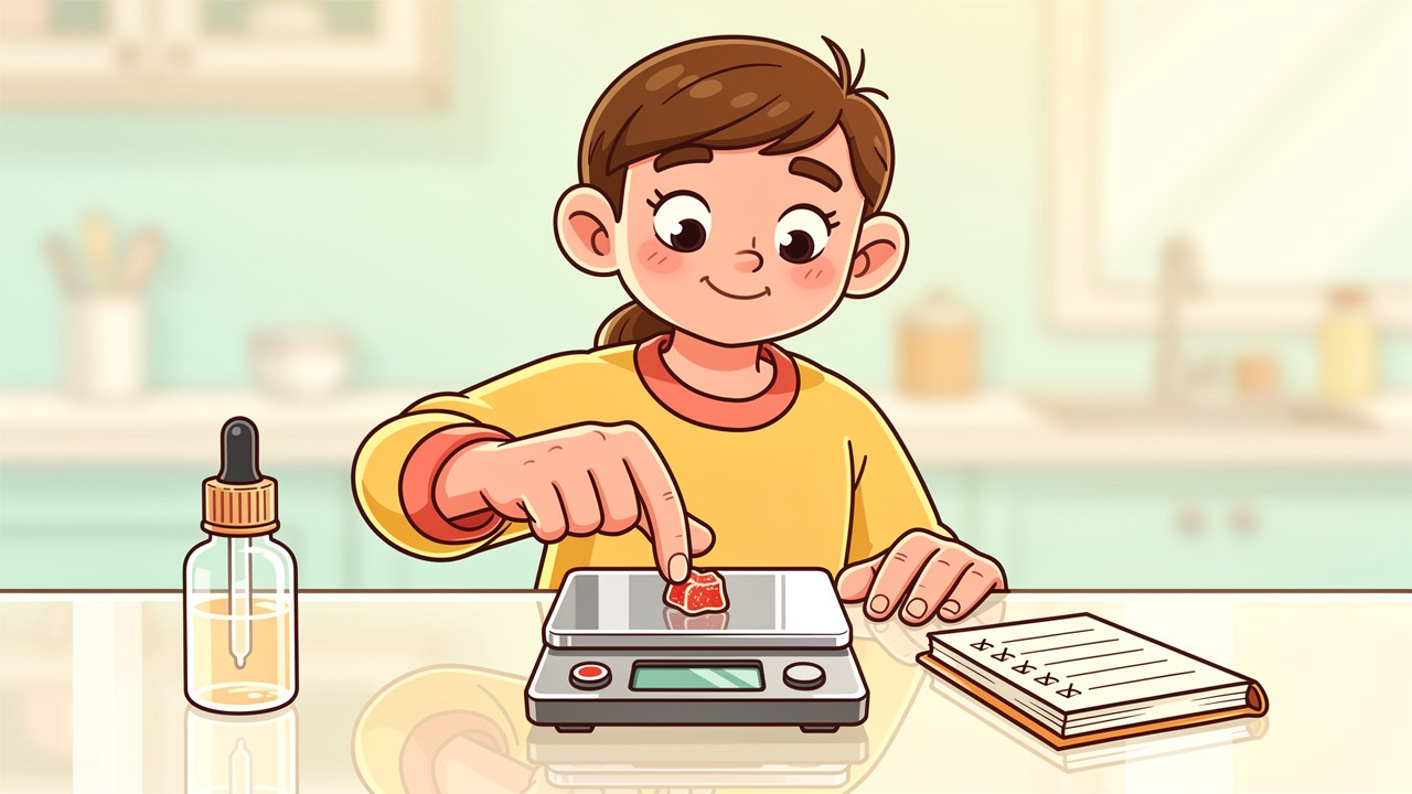 Cartoon character carefully measuring a small cannabis microdose