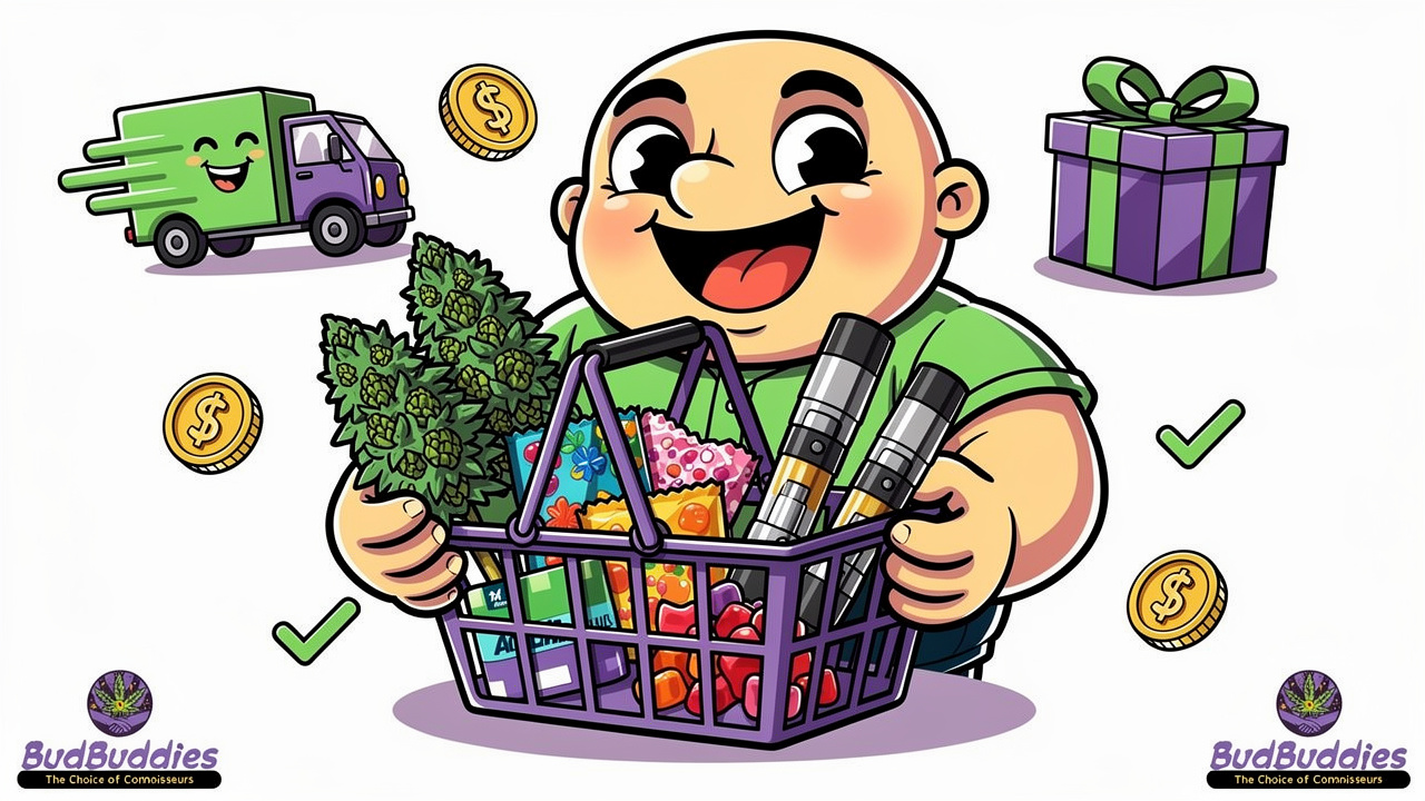 Cartoon character building diverse product basket for maximum savings