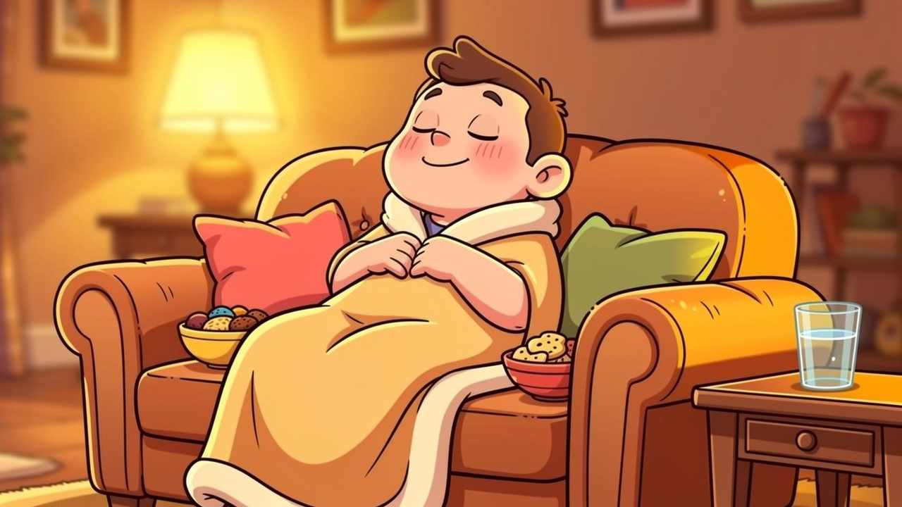 Cartoon character relaxing in cosy couch-lock cannabis bliss