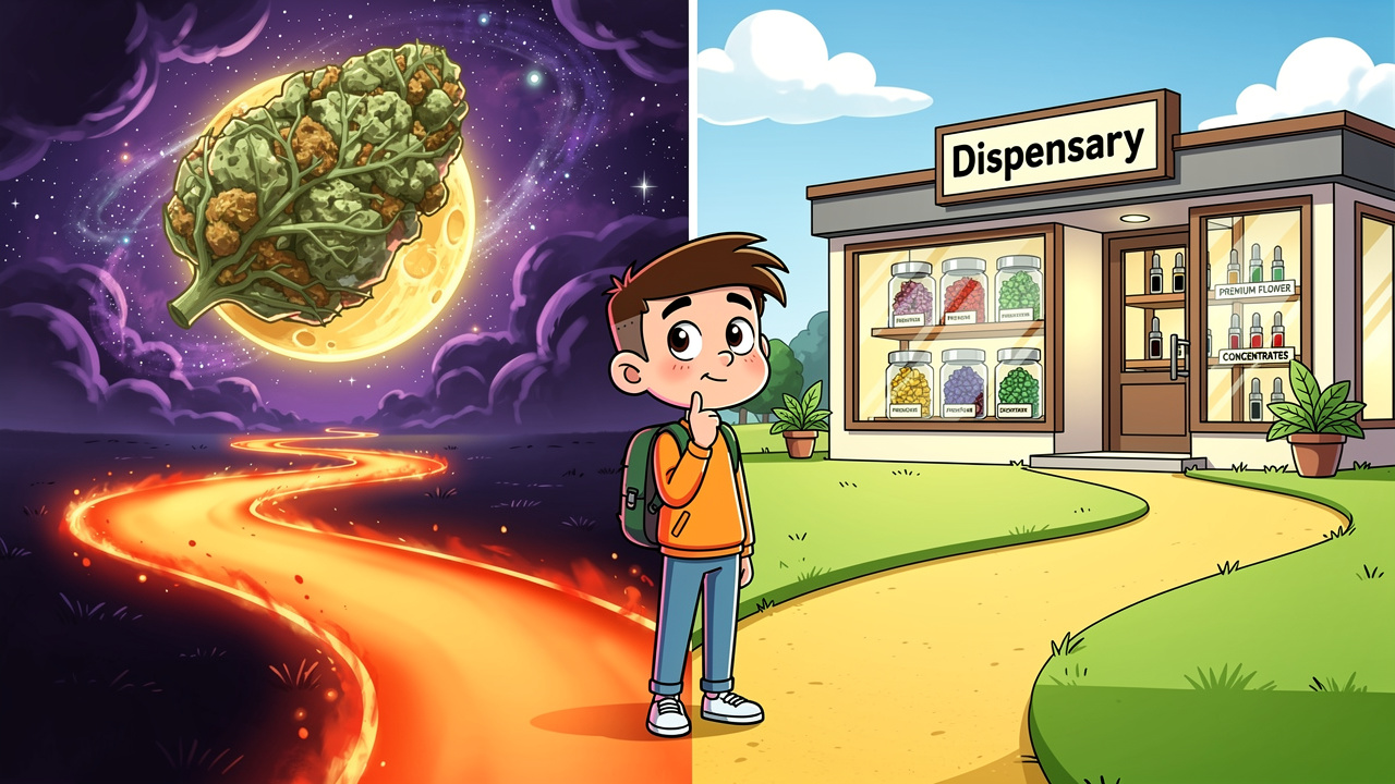 Cartoon character choosing between moon rocks and premium flower