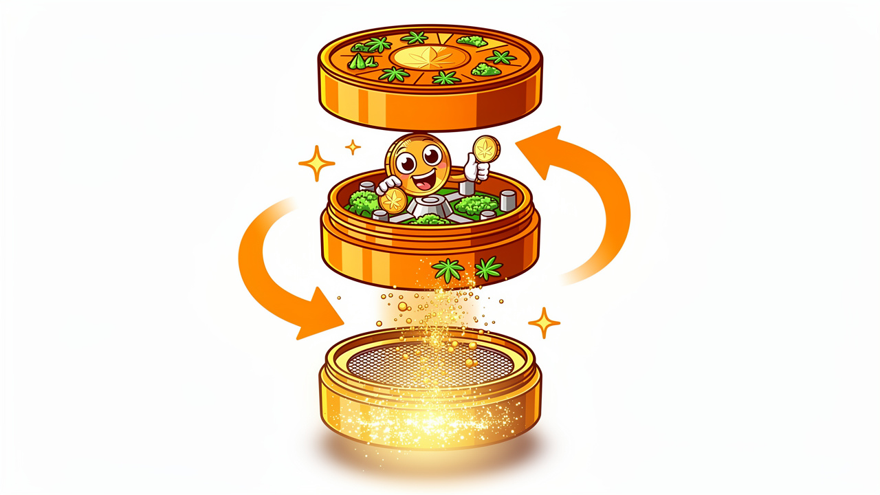 Cartoon multi-chamber grinder with kief catcher collecting powder