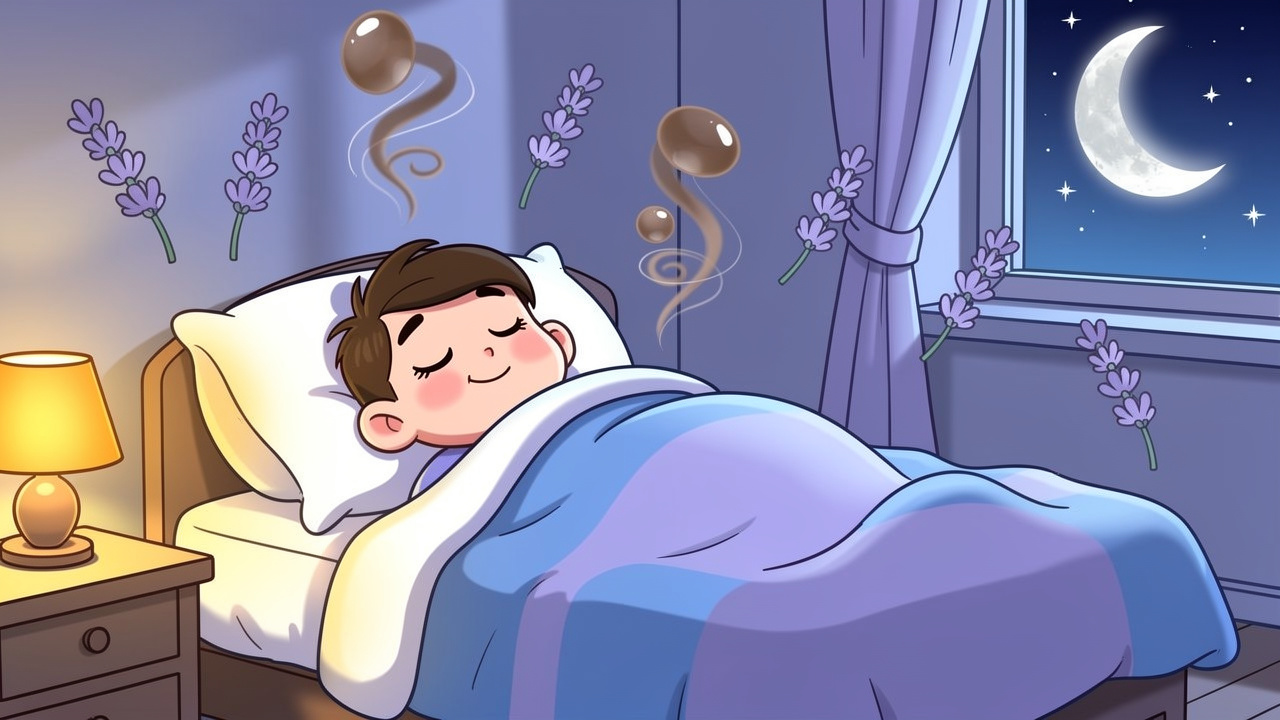 Cartoon character sleeping peacefully with calming terpene swirls