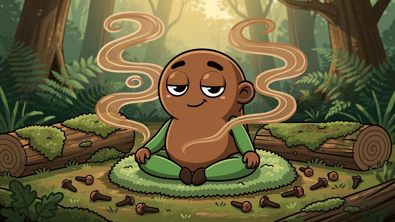 Cartoon myrcene character radiating deep calm and physical relaxation