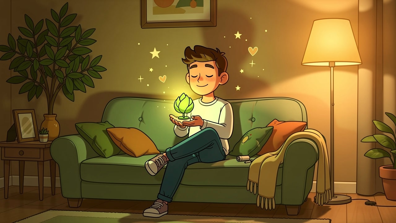 Cartoon beginner relaxing calmly with cannabis for first time
