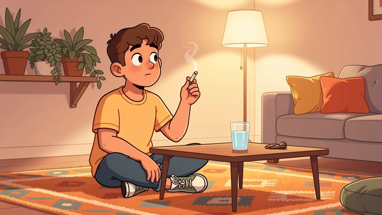 Cartoon beginner cannabis user relaxing comfortably at home