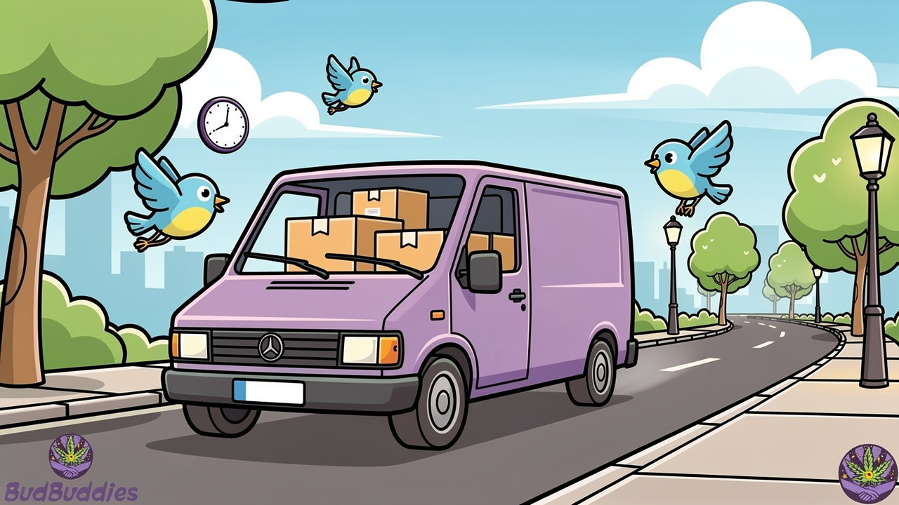 Animated delivery van with plain packaging driving through sunny streets