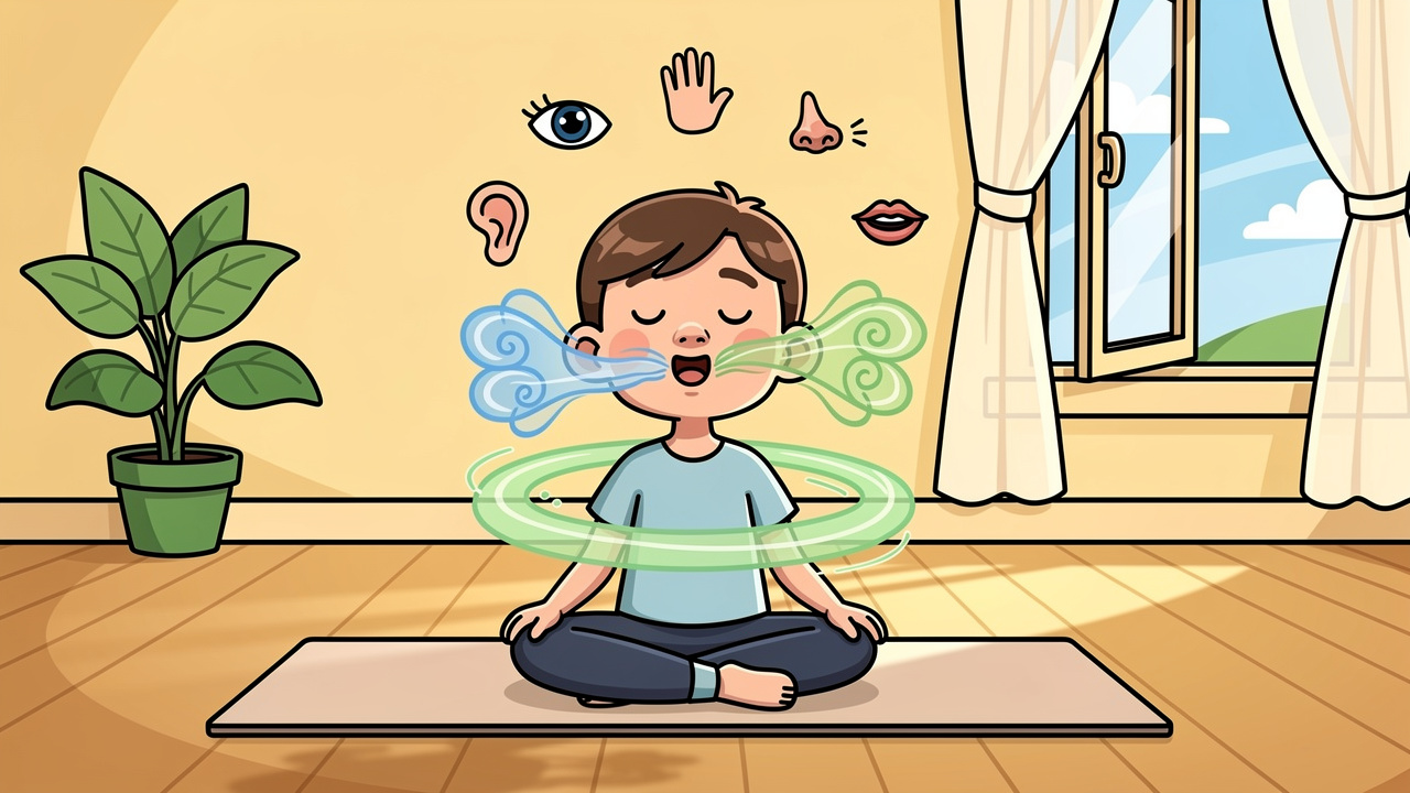 Cartoon character using breathing and grounding techniques for anxiety relief