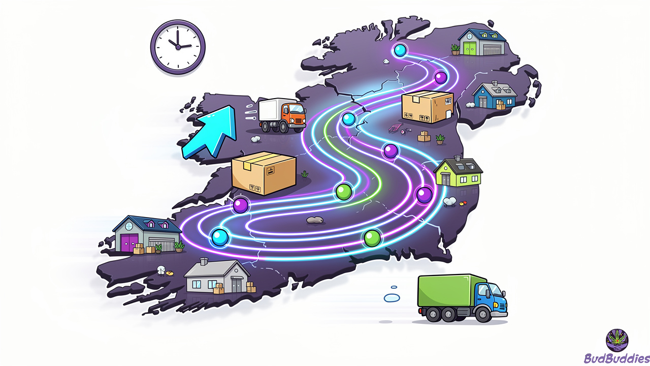 Cartoon map showing tracked cannabis delivery route across Northern Ireland