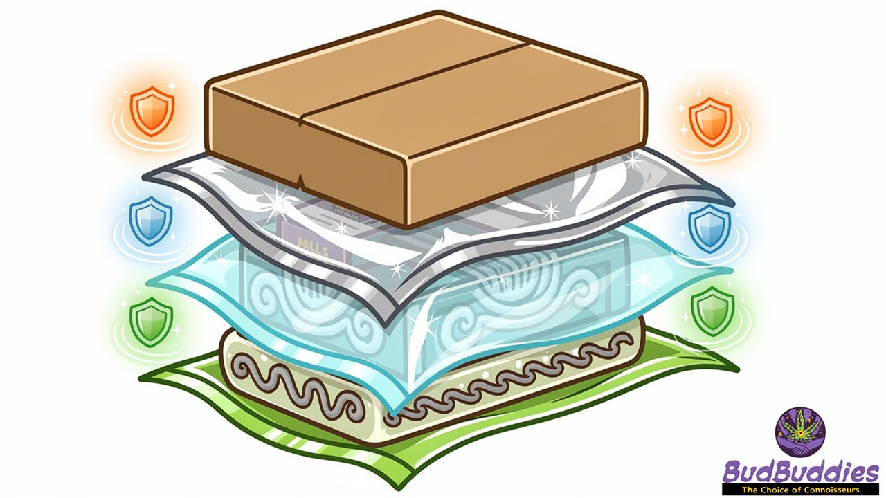Cartoon diagram showing sealed packaging layers for odour control