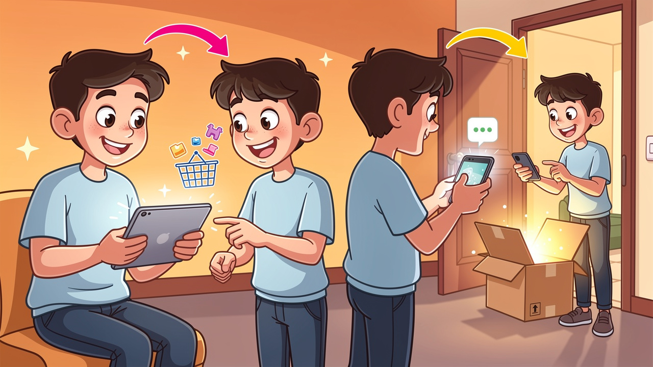 Cartoon characters showing cannabis delivery ordering process steps
