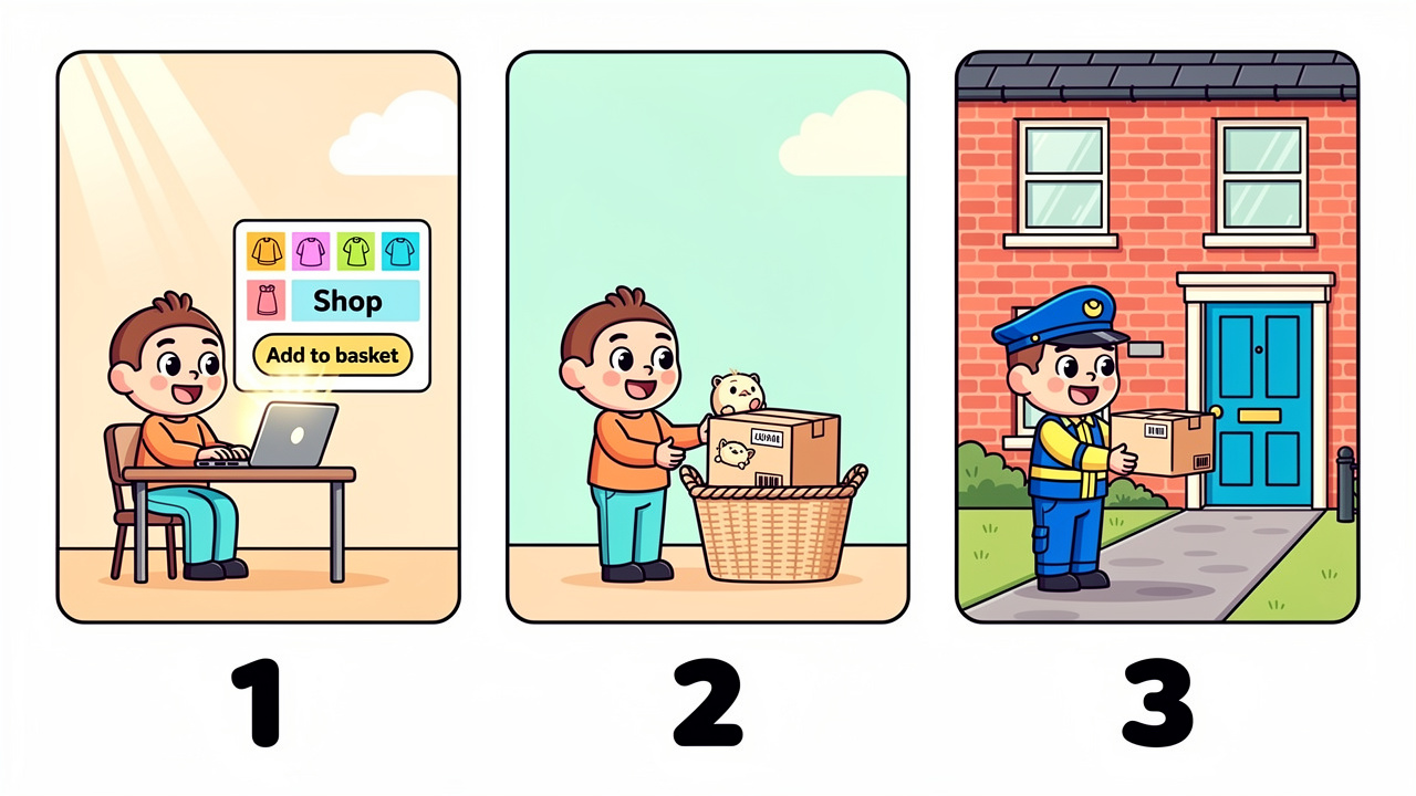 Cartoon step by step guide to ordering cannabis delivery Larne