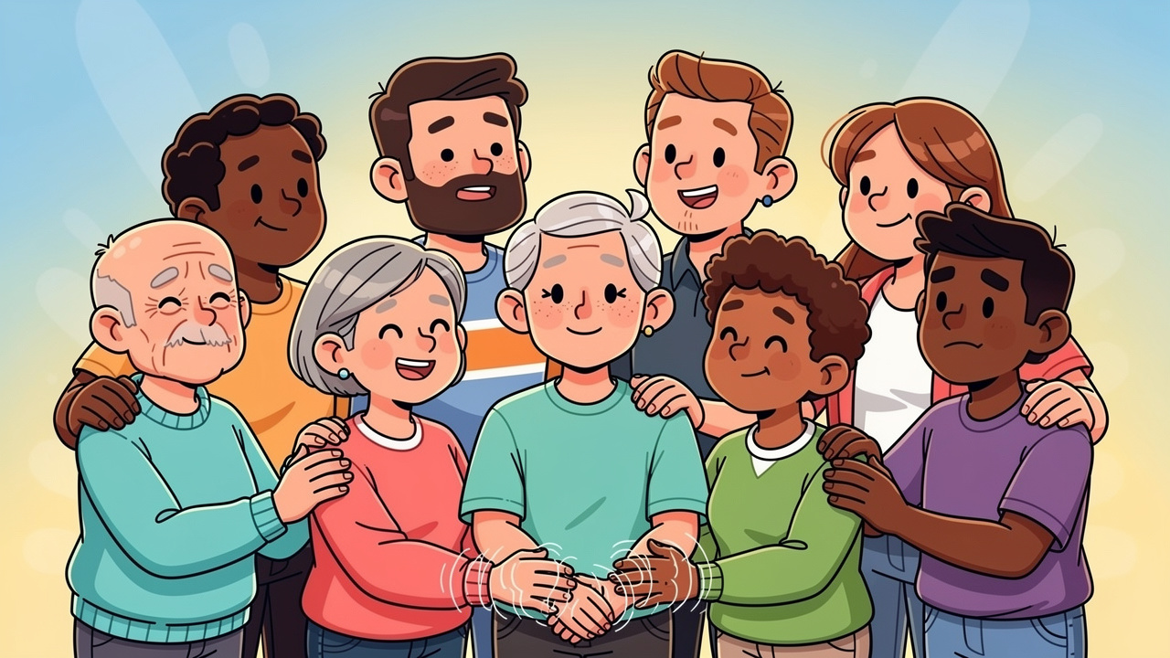Cartoon group of Parkinson's patients supporting each other in the UK