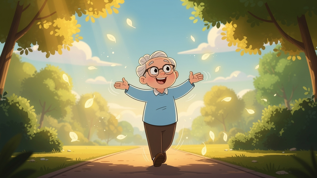 Cartoon elderly person enjoying improved wellbeing with Parkinson's management