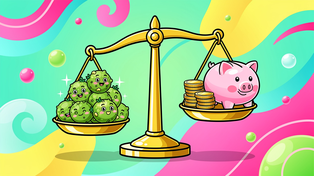 Cartoon scales weighing popcorn bud against money savings
