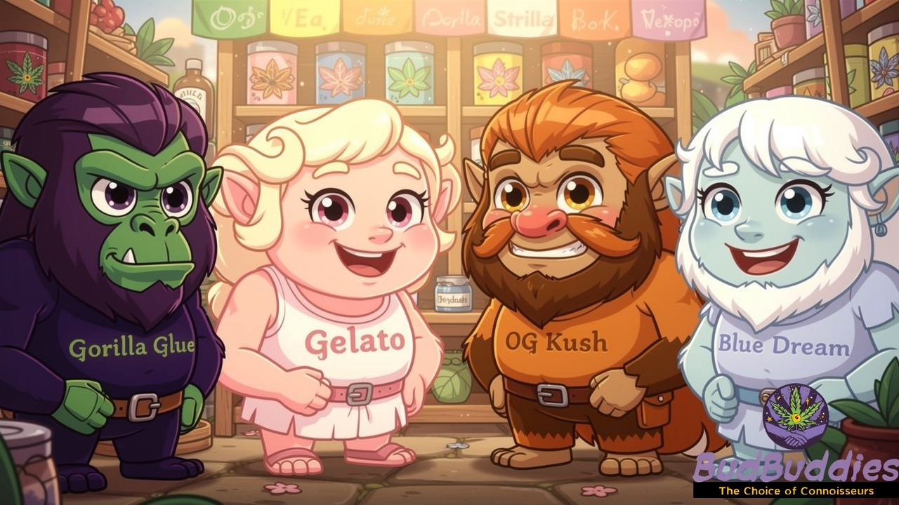 Cartoon characters representing popular UK cannabis strains