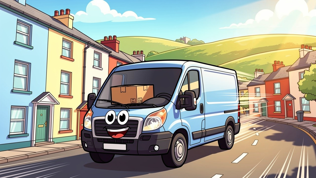 Cartoon delivery van speeding through Portadown neighbourhood