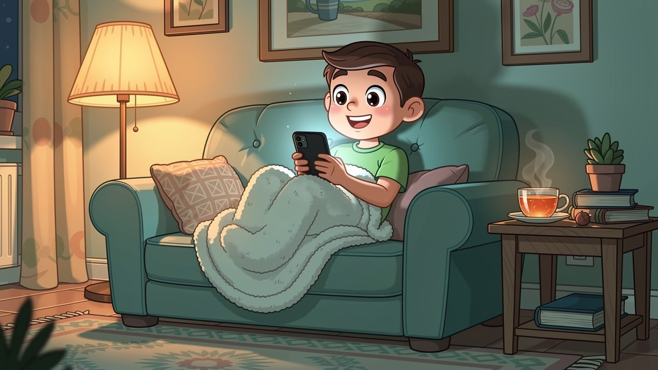 Cartoon character relaxing at home browsing cannabis menu