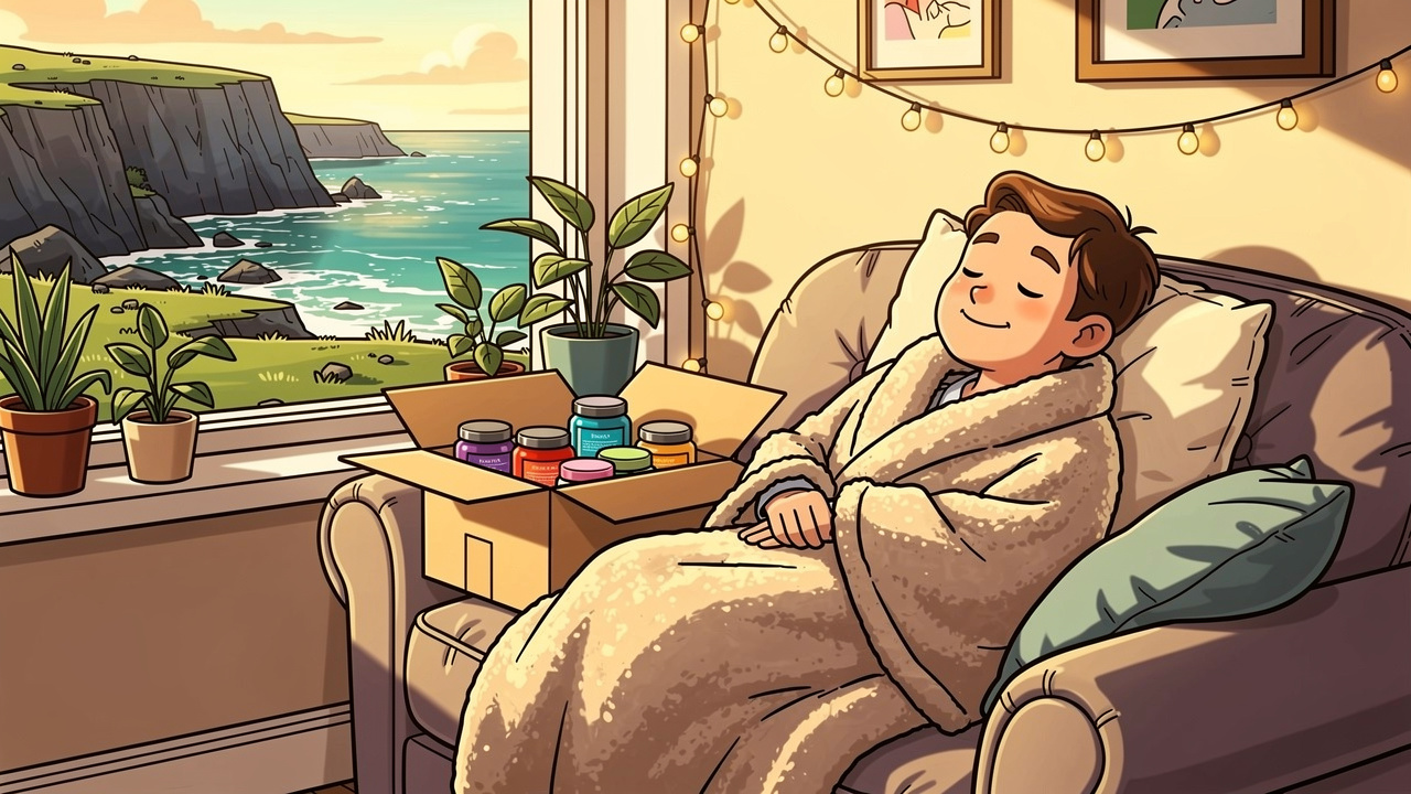 Relaxed cartoon character enjoying a cosy evening after delivery