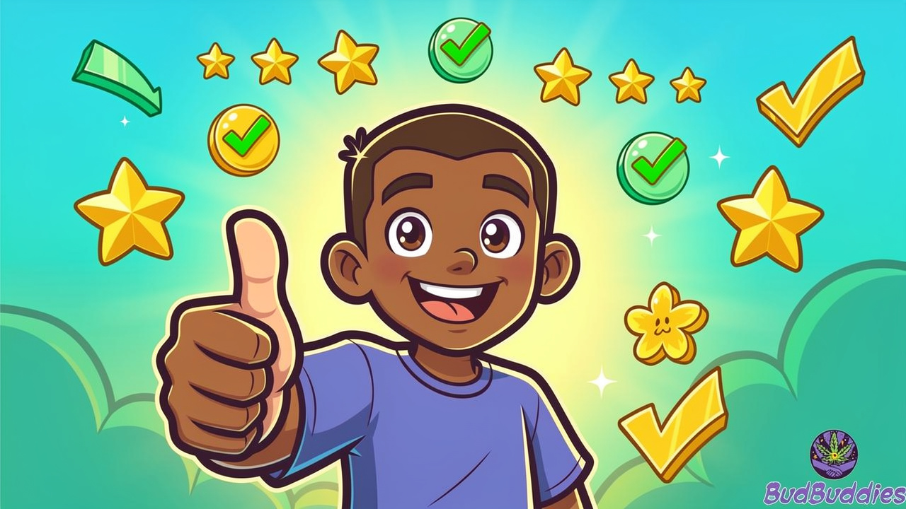 Cartoon character expressing satisfaction with five-star rating