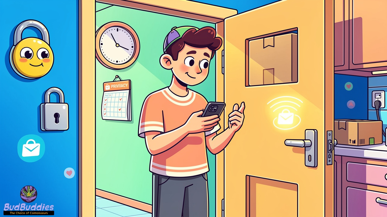 Cartoon illustration of home delivery timing and privacy preparation