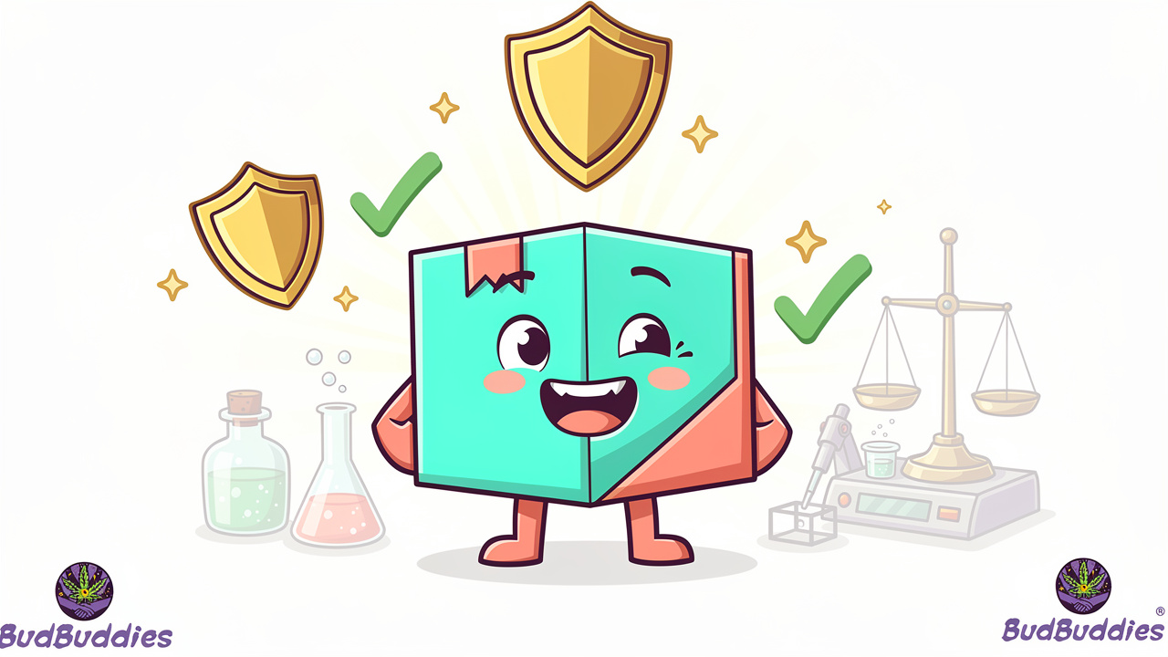 Cartoon package with lab testing symbols and quality verification marks