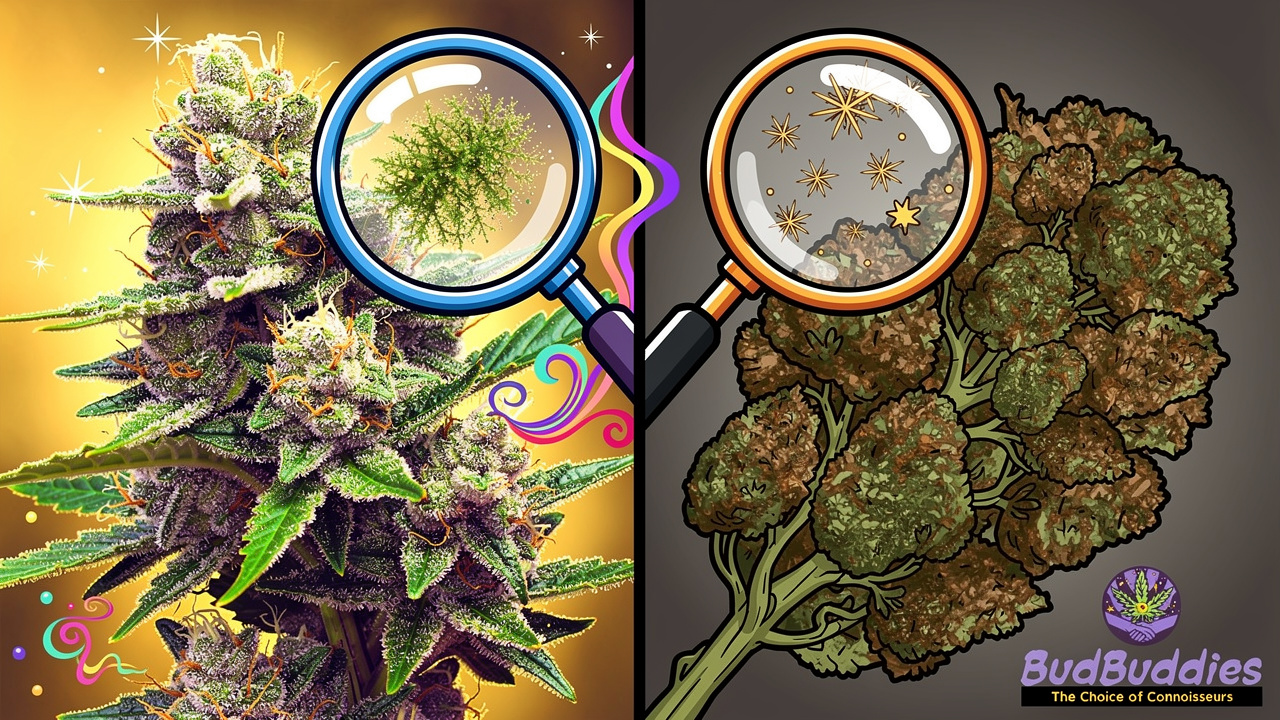 Visual comparison of premium versus low-quality cannabis flower characteristics