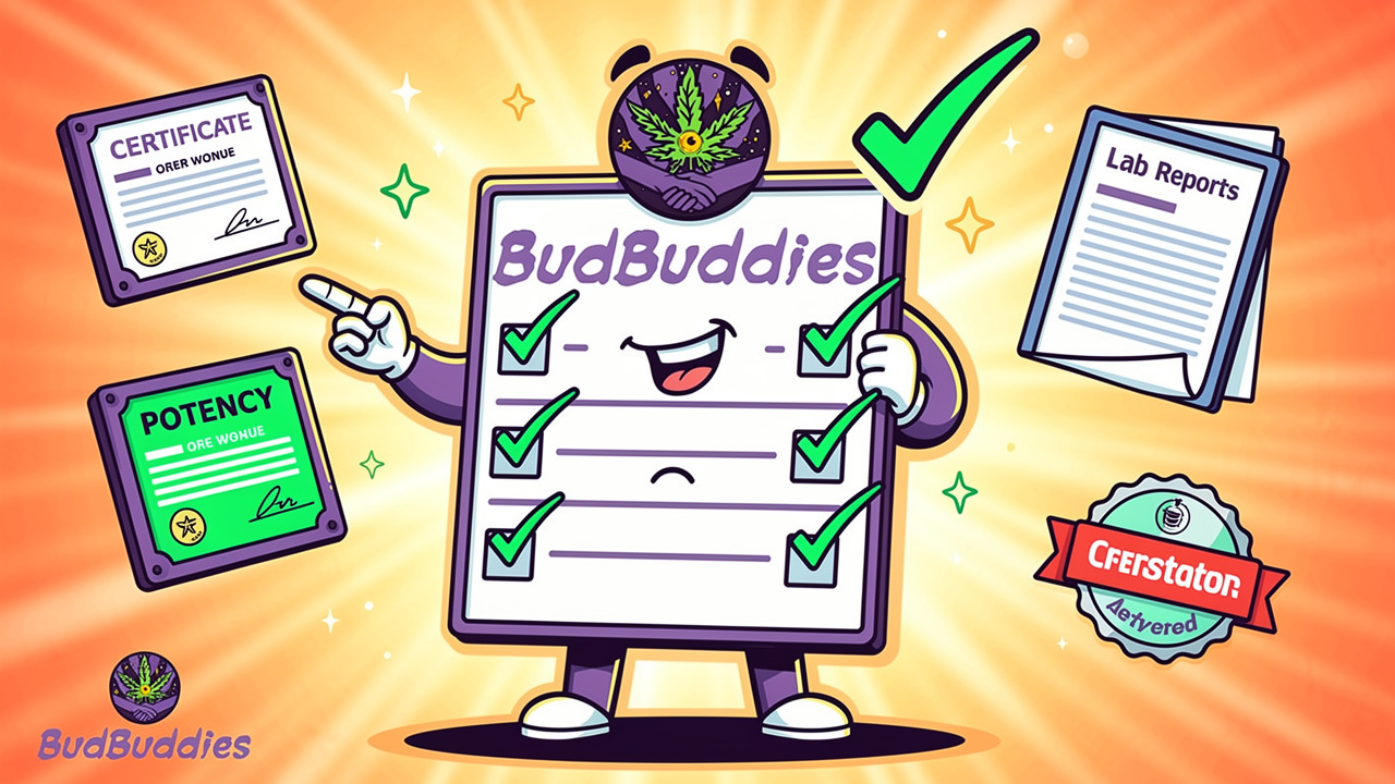 Cartoon character confidently selecting quality cannabis products using clear standards