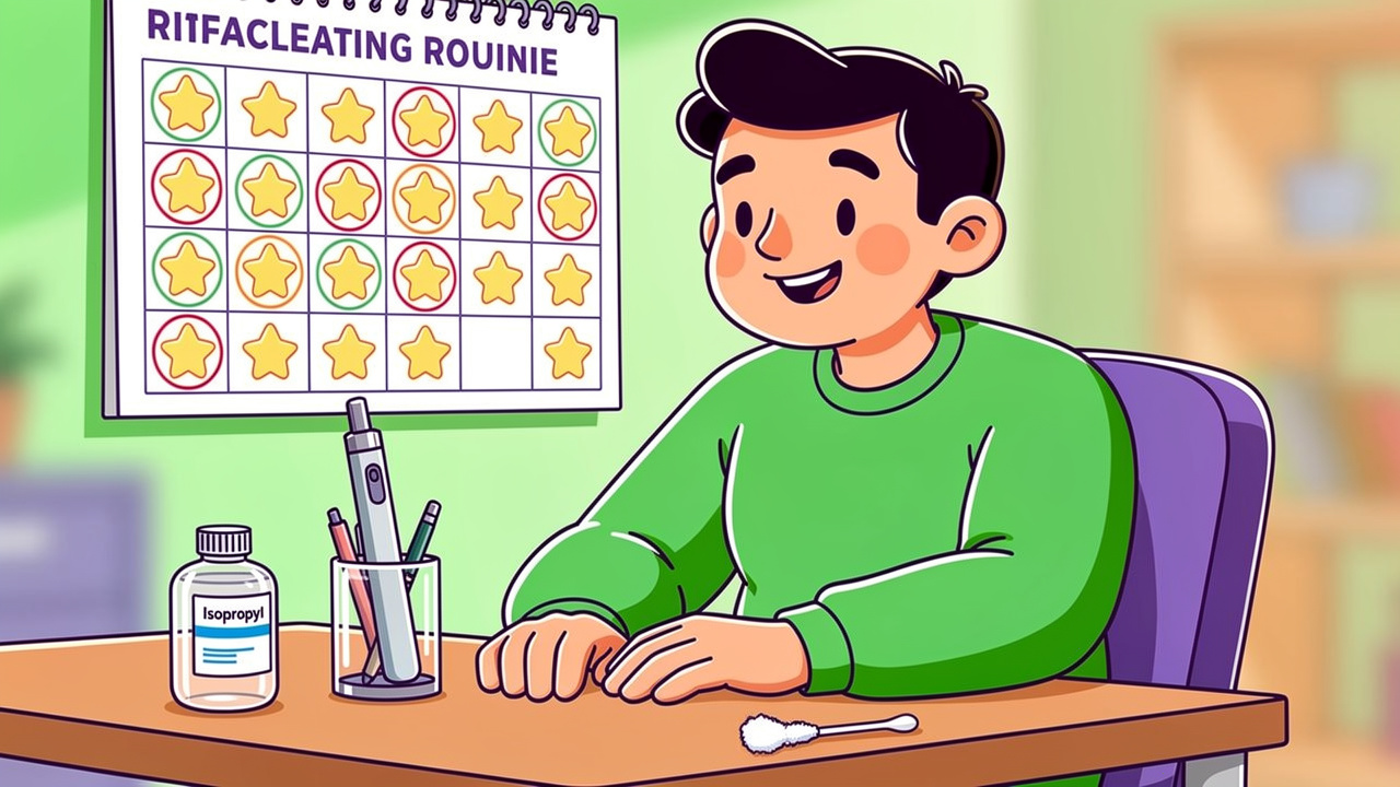 Cartoon character practising good habits to prevent vape cart clogs