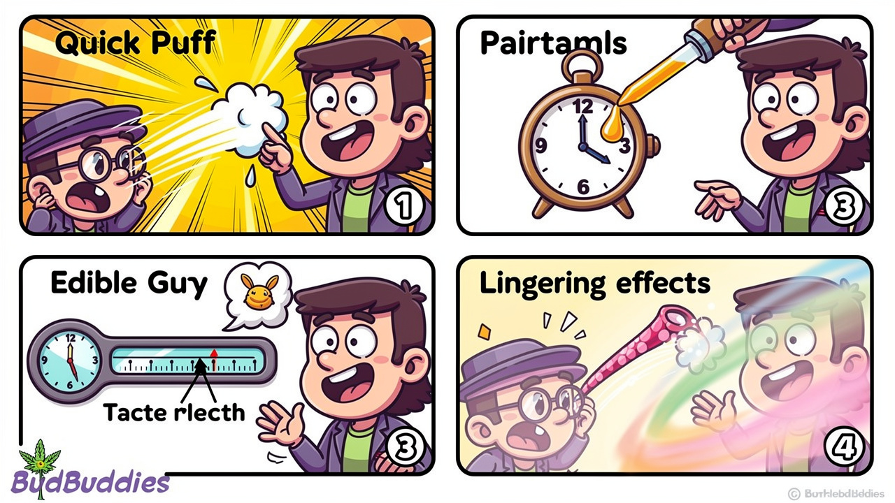 Cartoon timeline comparing how different cannabis products take effect