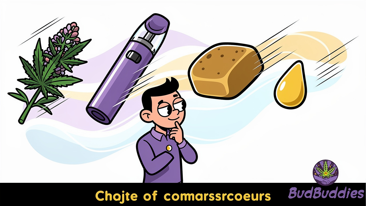 Four cannabis product formats displayed as colourful cartoon illustrations