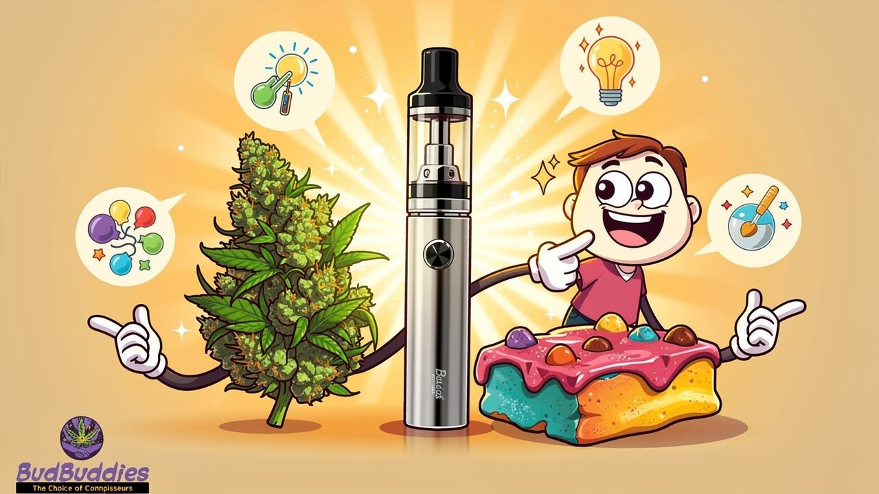 Cartoon display of flower, vape, and edible cannabis products