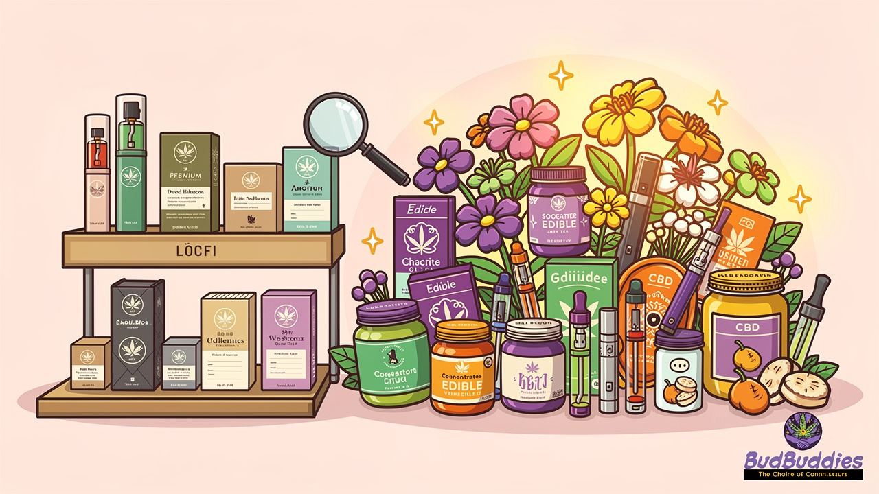 Cartoon illustration comparing a curated versus broad cannabis product selection
