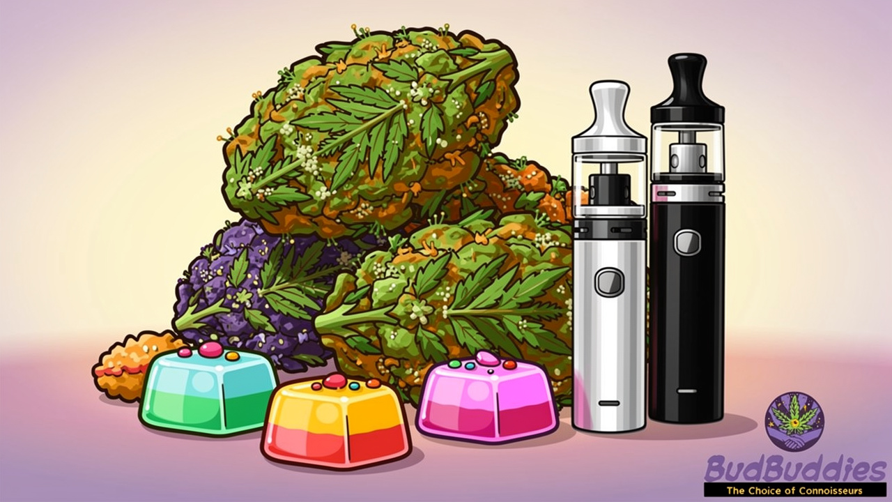 Cartoon display of cannabis flowers, edibles, and vape products