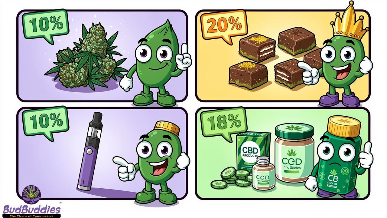 Cartoon showing diverse cannabis product formats and pricing options