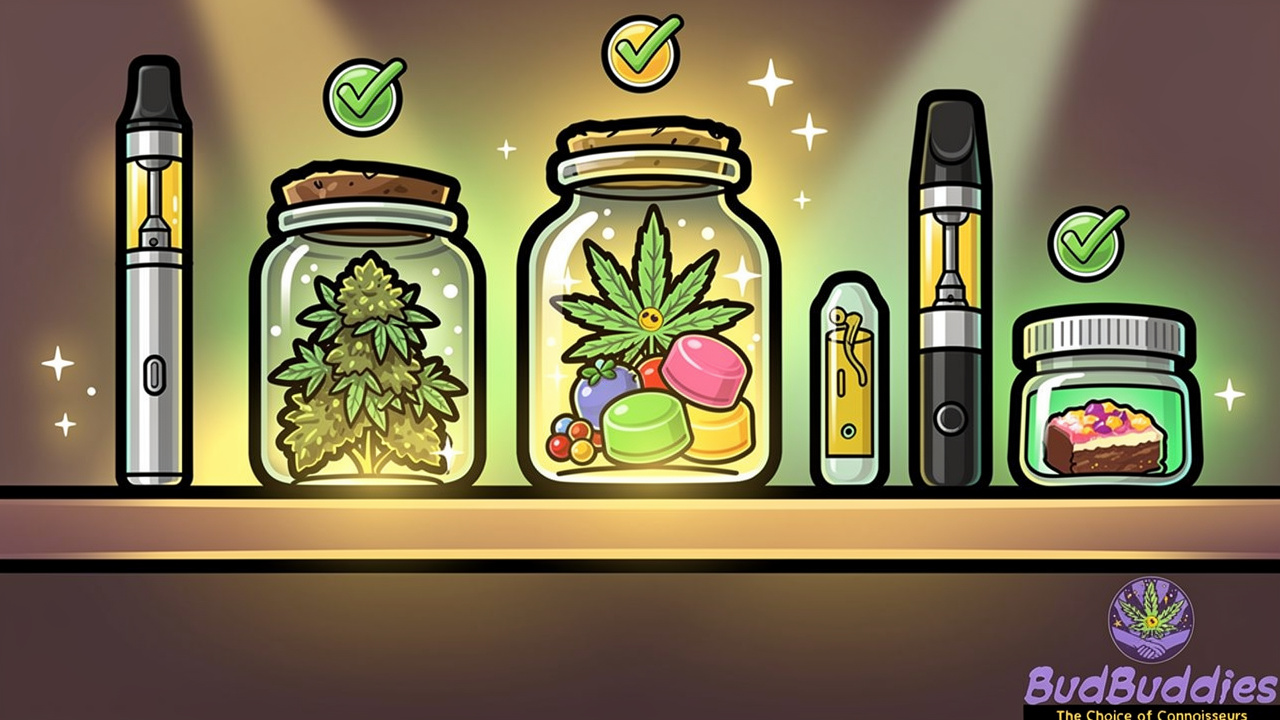 Cartoon display of cannabis flower, vapes, edibles, and concentrates