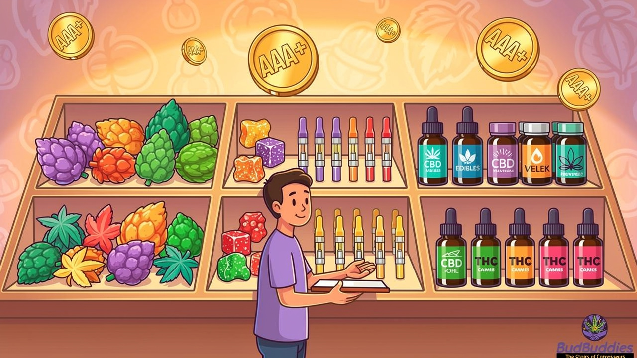 Cartoon display of diverse cannabis products including flowers, edibles and vapes