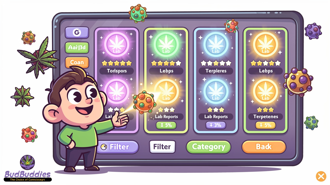 Character confidently browsing cannabis products with visible lab reports and ratings
