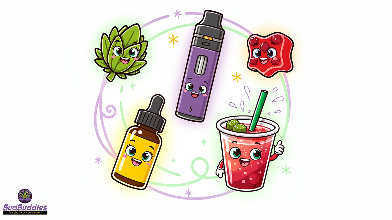 Illustrated cannabis product formats with friendly animated personalities